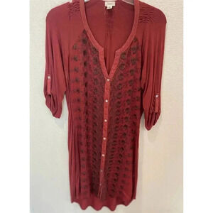 Anthropologie Tiny Red Embroidered Pima Shirt Dress M 3/4 Sleeve Knee Length